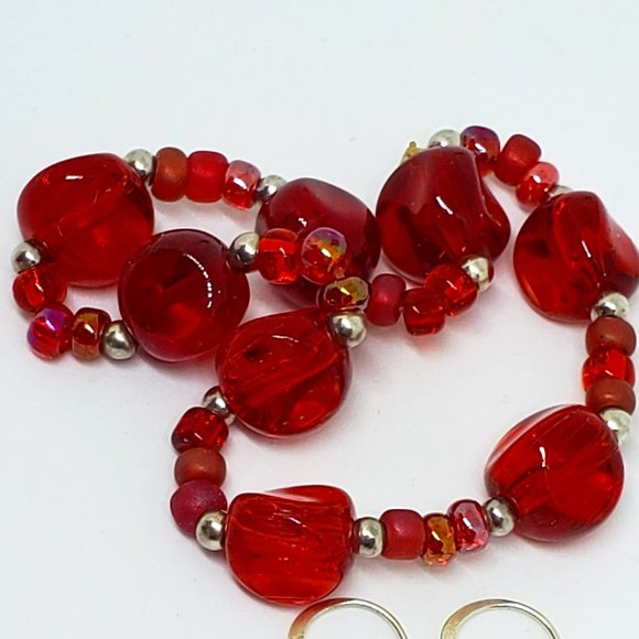 Bold Ruby Red Glass Bead Stretch Bracelet & Dangle Earrings in Sterling Silver - Picture 8 of 8